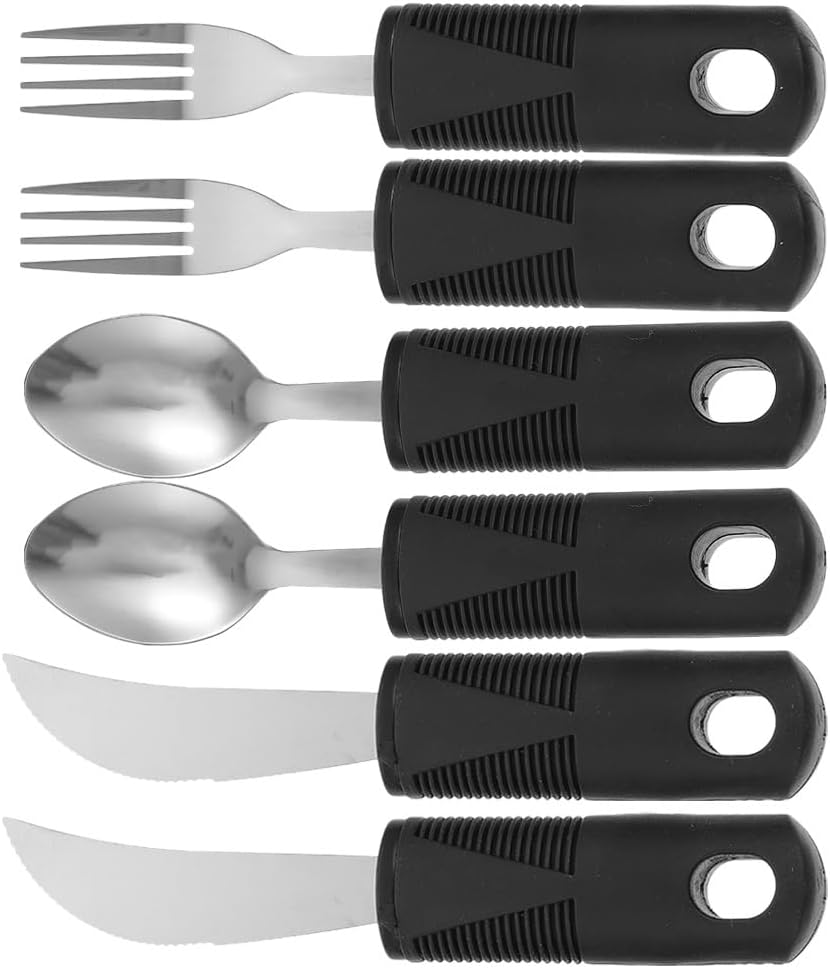 Anti-Shake Elderly Adaptive Utensils Set with Non-Slip Thick Handles Lightweight Stainless Steel Tableware for Hand Tremors Arthritis Patients 6-Piece