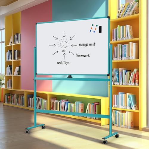 Image of Large Dry-Erase Rolling Magnetic Whiteboard - 48 x 32 Inches Dry Erase Board with Stand Height Adjust Double Sides Mobile White Board Easel on Wheels with 25 Sheets Paper Pad Office, Home & Classroom