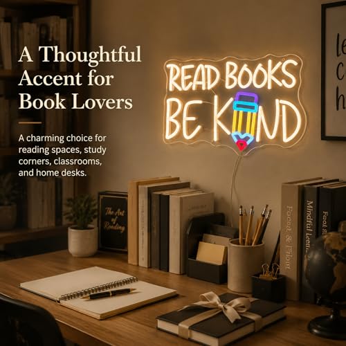 Image of inchRead Books Be Kind inch Classroom LED Neon Sign | 16.5 inch x 10.4 inch, Pencil Wall Decor, Inspirational Quote Light, Library Classroom Study Room Home Office
