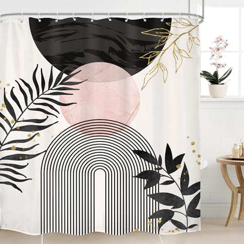 Mitpok Black Pink Boho Shower Curtain Mid Century Modern Abstract Bohemian Minimalist Gold Leaves Sun Arch Geometric Plant 60Wx72H Bathroom Decor Neutral Bath Curtain Fabric Polyester 12 Pack Hooks