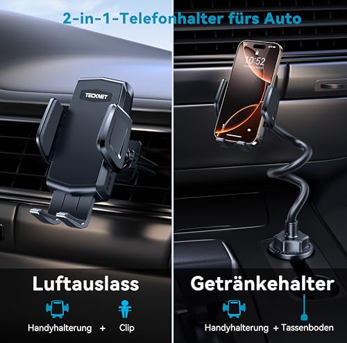 TECKNET Handyhalterung für Auto 2-in-1 – KFZ Handy Halterung für Lüftungslöcher & Getränkehalter, Biegbarer Hals, 360° Drehbar, EIN-Knopf-Freigabe, 100% Kratzschutz für iPhone, Galaxy Alle Smartphones 2