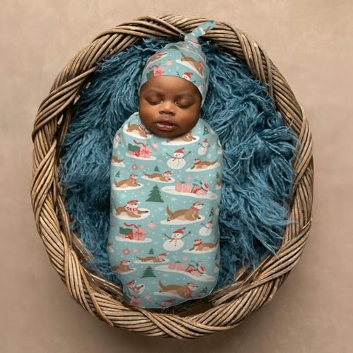 Image of Winter Otters and Snowmen Newborn Swaddle Blankets Hat Sets Soft Baby Receiving Blanket Swaddle Sack for Baby Shower Infant Boy Girl Gift