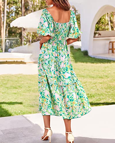 BTFBM Women Summer Dresses 2025 Casual Flowy Beach Square Neck Puff Short Sleeve Smocked Back Boho Floral Long Maxi Dress4