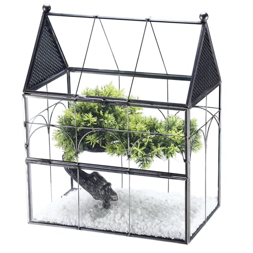 Homtone Pflanzen Terrarium in Hausform aus Glas & Metall 19x12,5x23cm, Dekoratives Insektenterrarium mit Tür & Belüftung, Ideal für Spinnen, Schnecken, Hochzeitsdeko & Raumdekoration (Schwarz)