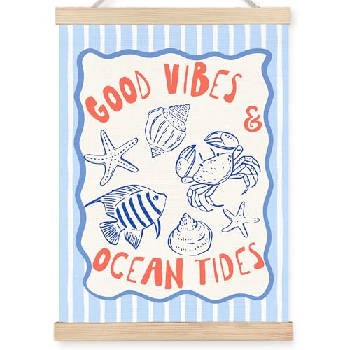 Image of PQKIY Coastal Summer Wall Art Poster Hanger Frame 12x16 in, Trendy Blue Striped Ocean Beach Sea Life Crab Starfish Fish Wall Decor Canvas Prints for Beach House Room Home Bedroom