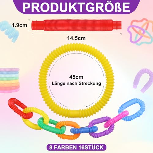 JOLCEEY 16 Stück Pop Röhren Kinder, 8 Farben Mini Röhren Sensorisches Spielzeug Bunte Rohre Stretch für Erwachsene und Kinder Stress Ängste abbauen