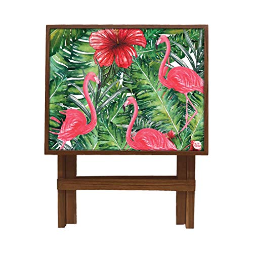 Image of Nutcase Designer Teak Wood Side Table Folding Wooden Bedside Coffee Outdoor Picnic Table - Tropical Flamingoes