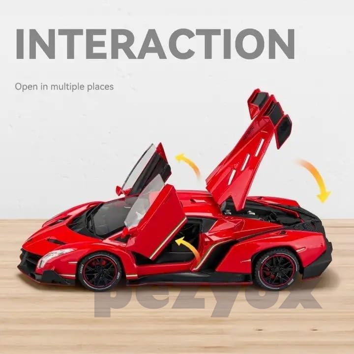 Image of Diecast Car for Lambo Veneno Model Car 1 /24 Scale Sports Toy Vehicle Door Can be Opened Toy Car Front Wheel Steerable (red)