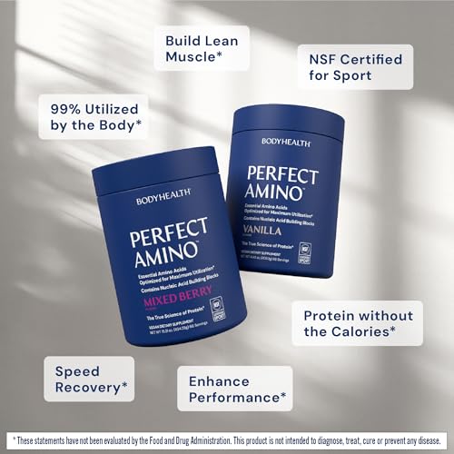 Image of BodyHealth PerfectAmino Powder - BCAA and EAA Powder for Pre and Post Workout - Amino Acid Energy Drink to Support Lean Muscle and Recovery - NSF Certified for Sport - Vanilla - 66 Servings