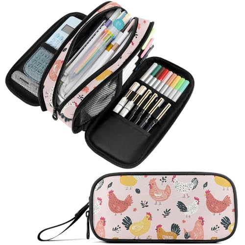 Image of Fustylead Cute Cartoon Hens and Roosters on Pink Background Large Pencil Pen Case Stationery Bag 3 Compartments School College Office Organizer