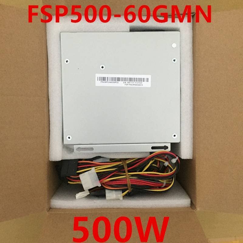 Product label for FSP500-60GMN power supply showing electrical ratings and certifications