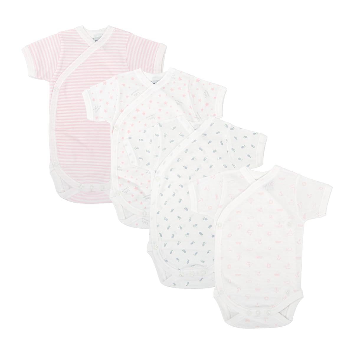 BABIDU | Pack 4 Bodys Bebé Abertura Hombro Manga Corta Algodón 100% Suave Transpirable, Body Recién Nacido Unisex Primera Puesta Niño y Niña, Ideal para Uso Diario y Piel Sensible