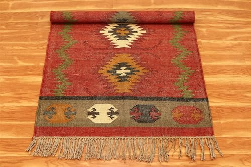 Casavani WJRH-15-2X6-FEET-RUNNER Runner - 2X6 Area Rug Reversible Kilim Rug Red Multicolor Wool & Jute Hand Woven Rug Indoor Outdoor Rug Flatweave Rug High Traffic Area Bedroom Bedside Runner Kitchen Hallway thumb #8