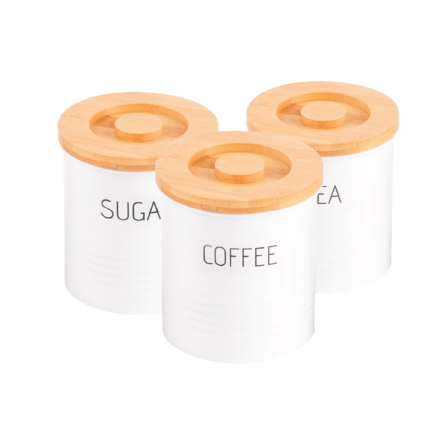 Royalford Tea Coffee & Sugar Canisters Set of 3, Kitchen Canister Set with Airtight Bamboo Lid, Coffee and Tea Storage Metal Container Jars Kitchen Storage Tins, White