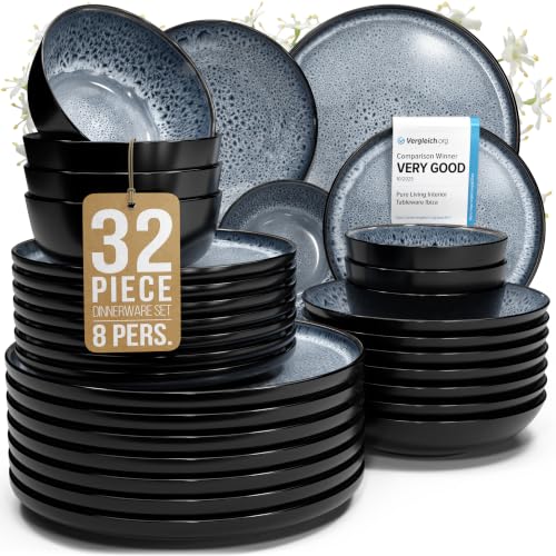 Image of 32 Piece Stoneware Dinnerware Set for 8, Handmade Plates and Bowls Set | Reactive Glaze Coating, Dishwasher & Microwave Safe Dish Set, Chip & Scratch Resistant Dishware Set, Ibiza Smoke Blue