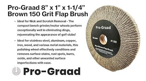 Image of 8 inch x 1 inch Brown P150 Cut & Polish Non-Woven Bench Grinder Polishing Burnishing Satin Finishing Flap Brush Wheel, Aluminum Copper Metal Golf Club Refurb, Compatible for 1 /2 inch, 5 /8 inch, 3 /4 inch Arbor