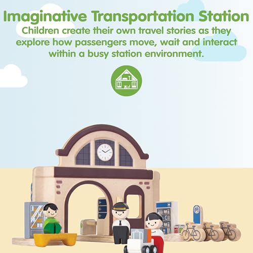 Image of PlanToys Wooden Train Station Pretend Play Set for Kids | Montessori Transportation and Travel Imagination Toy | Eco Friendly Wooden Train Station Playset for Creative Role Play