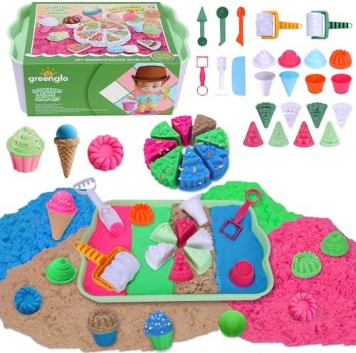 greenglo Kids Sensory Sand Playset – 2.2 LBS Colored Sand (1* Soft Magic, 3* Firm Modeling) with 23 Cake & Dessert Molds w Sensory Bin, Educational Sand Kit for Toddlers & Kids Ages 3-8