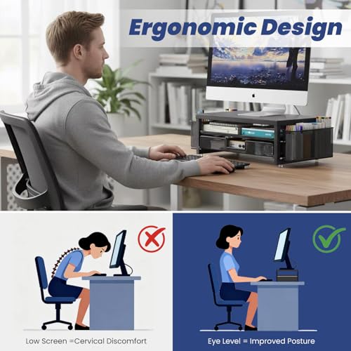 Metal Monitor Stand Riser with Drawer & 2 Pen Holders Storage for Desktop,2 Tier Computer Desk Organizer Stand for Laptop, Computer, iMac(Black) image 3