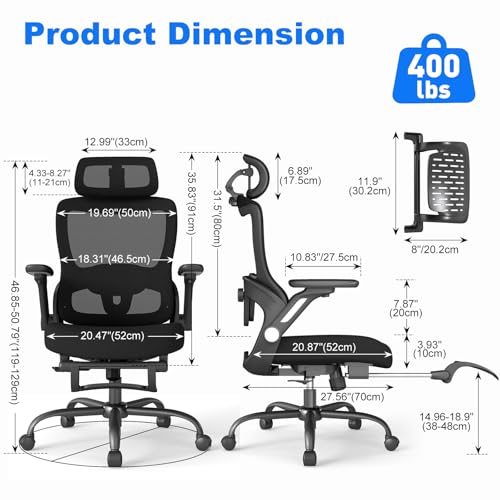 Image of Ergonomic Office Chair with Footrest, High-Back Home Desk Chair with Adjustable Lumbar Support, Headrest, Flip-Up Arms, 90-135 Tilt Lock, and Wide Cushion, Big and Tall Mesh Computer Seating