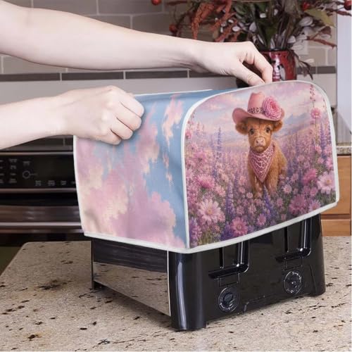 Image of Talayituse Lavender Daisy Highland Cattle Print 2 Slice Toaster Dust Covers Kitchen Small Appliance Cover, Stain Resistant Dust Protection Bread Machine Cover with Top Handle, S