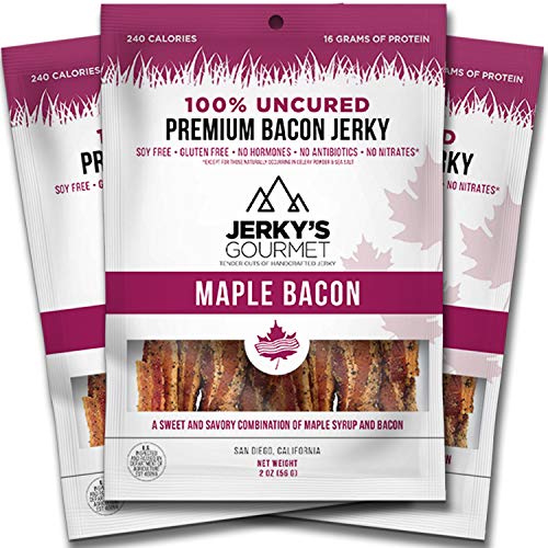 Maple Bacon Grass Fed Pork Jerky - 100 Calorie Snacks - Gourmet, Healthy, High Protein, Soy Free & Gluten Free (3 Packs)