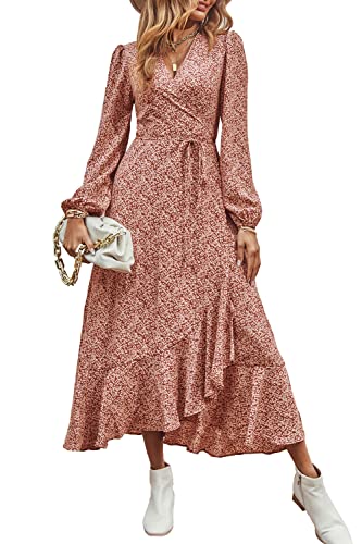 PRETTYGARDEN Women s Bohemian Dress Wrap V Neck Long Sleeve High Split Flowy Ruffle Floral Maxi Dress with Belt (Orange, X-Large)