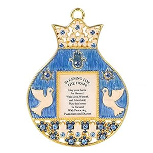 Matashi English Judaica Pomegranate Shaped Home Blessing Hanging Wall Ornament with Crystals (Pewter) Decor for Bedroom Kitchen Living Family Room Hanging Art for Peace Joy Success Gift for New Year