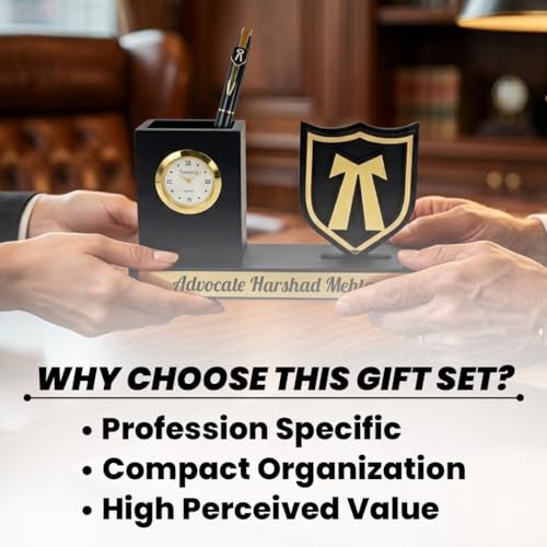 Image of Giftana 2 in 1 Personalized Advocate Pen Stand with Advocate Pen Gift Set for Men and Women, Wooden Desk Organizer with Advocate Emblem with Table Clock, Customised Corporate Gift Set for Employee