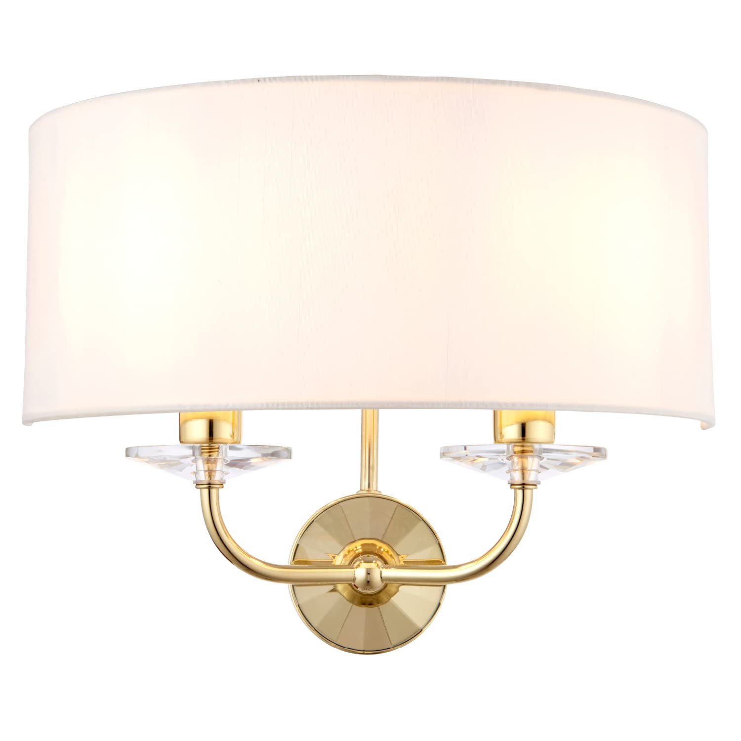 National Lighting Brass Kennedy Modern Twin Wall Light Fitting With Crystal Detail And White Fabric Shade