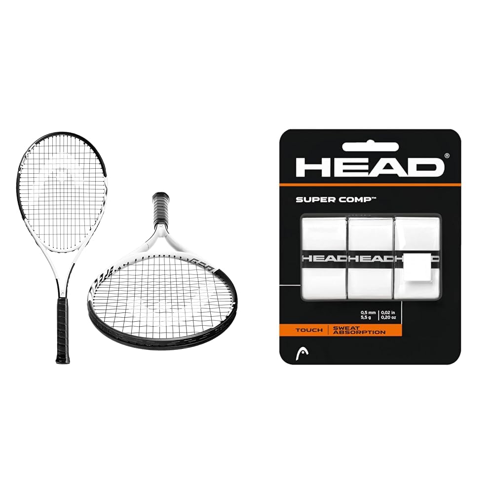 Geo Speed Adult Tennis Racket - Pre-Strung Head Light Balance 27.5 Inch Racquet - 4 3/8 in Grip, Black/White & Super Comp Racquet Overgrip - Tennis Racket Grip Tape - 3-Pack, White