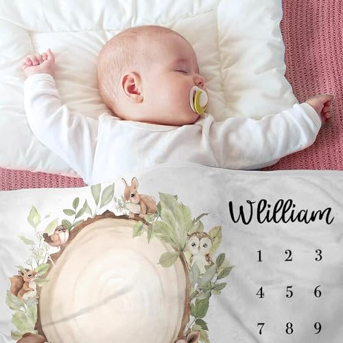 Image of OLIVE OLIVIA Personalized Custom Baby Milestone Blanket, 60 inchx80 inch, White, Flannel, Throw Blanket, Customized Name, Monthly Milestone Photos, Toddler, Deer, Animals, Warm, Unisex