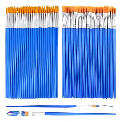 Lot de 100 Pinceaux Peinture Acrylique, 50 Pinceau Ronds et 50 Pinceau Plats, Set Pinceaux Peinture, Pinceau Acrylique, Pinceau Gouache, pour Travaux Manuels,...
