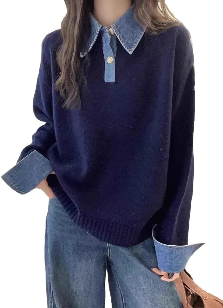Womens Oversized Pullover Sweaters Long Sleeve Denim Panel Lapel Buttoned Loose V Neck Knit Sweater Tops