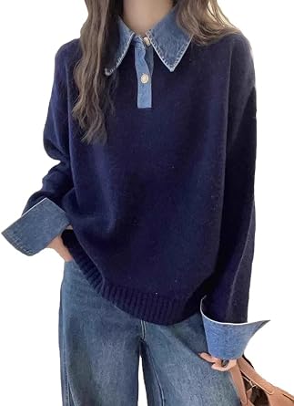 Womens Oversized Pullover Sweaters Long Sleeve Denim Panel Lapel Buttoned Loose V Neck Knit Sweater Tops