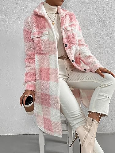 utcoco Womens Long Fleece Plaid Jacket Cozy Lapel Button Down Sherpa Shacket 2024 Fall Winter Plaid Coats2