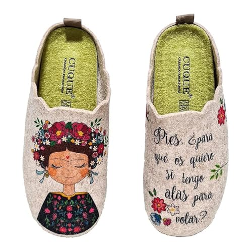 Zapatillas casa mujer fieltro Frida cómodas frase bonita - Garantía de calidad (numeric_37)