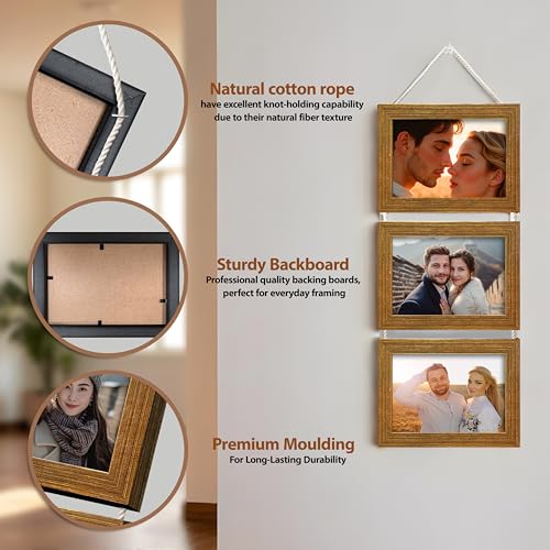 Image of Art Street Sythentic Wood Wall Mount Rectangular Photo Frame (5 x 7 inch, Gold), Set of 3