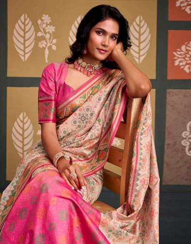 Image of MADHUHANSH Women's Cotton Linen Saree with Unstitched Blouse Piece and Floral Printed Pattern | Women Saree for Special Occasion | Stylish Modern Sarees
