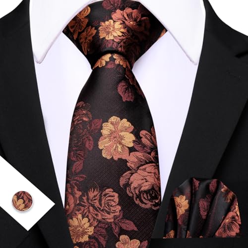 Image of Barry.Wang Flower Ties for Men Silk Woven Floral Tie Sets Necktie Handkerchief Cufflinks Wedding Party