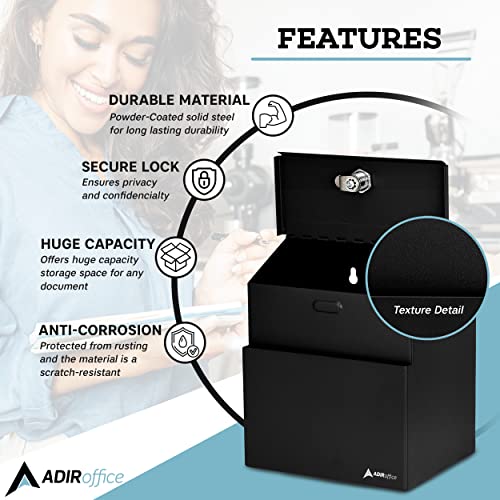 Image of Adir Wall Mountable Steel Suggestion Box, Lock-Key Drop Box, 25 Free Suggestion Cards, Black (631)