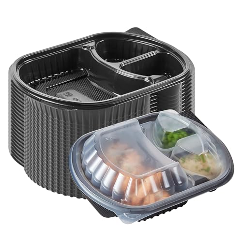 Image of Restaurantware-RW Base 27 Ounce Meal Prep Containers, 100 Microwavable To Go Containers With Lids - 3 Compartments, Disposable, Black Plastic Oval Food Containers, For Hot And Cold Food, Freezable