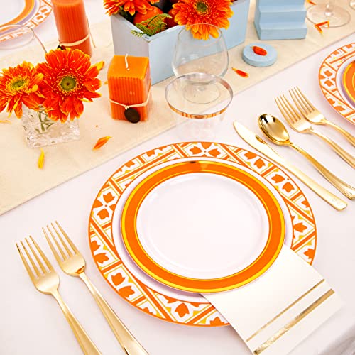 Nervure 175Pcs Orange Plastic Plates - Orange And Gold Plastic Plates - White Orange Gold Disposable Plates Include 50 Plates, 25Cups, 25Knives, 25Forks, 25Spoons, 25 Napkins For Party #TOP3