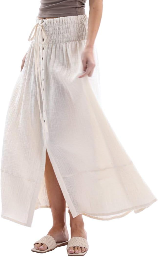 Amazhiyu Women's Summer Beach Crinkle Cotton Gauze Button-Front Slit Maxi Skirt - Image 3
