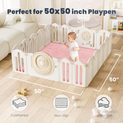 Image of ACOMOPACK 1.3 inch Thick Baby Play Mat for Floor,50x50 Elasti-Foam Playpen Mat for Kids,Infants,Toddlers, Ultra Soft Crawling Mat with Non-Slip Bottom,Tummy Time,Nursery Rug,Yoga,Tatami(Pink)