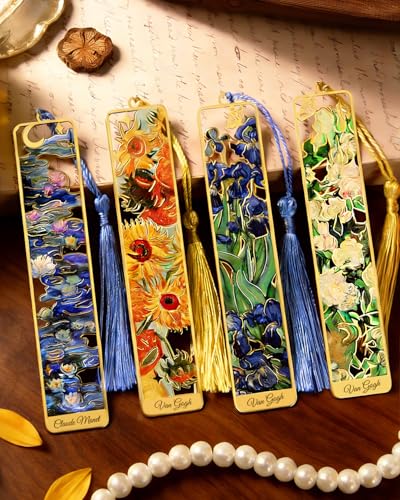 HOMTEK 4 Pieces Metal Bookmarks with Tassel Golden Hollow Bookmark Van Gogh Monet Oil Painting Theme Book Marker for Book Lovers Writers Readers Children Teens Men Women Adults
