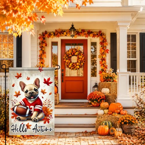 Image of BlissYard Fall Garden Flag 12x18 Inch Bulldog Football Hello Autumn Decor | Double sided polyester, fall bulldog football design, Thanksgiving decorations for yard and seasonal outdoor display
