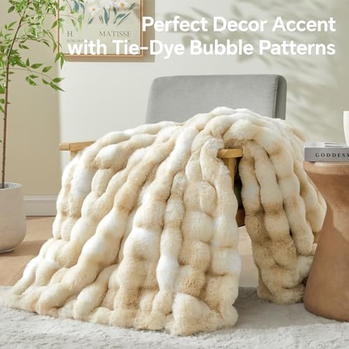 BEDELITE Faux Fur Throw Blanket for Couch, Decorative Tie-Dye Khaki Plush Bubble Blanket - Super Soft & Cozy Fluffy Faux Rabbit Fur Blanket for Women Gift, 50x60 Inches