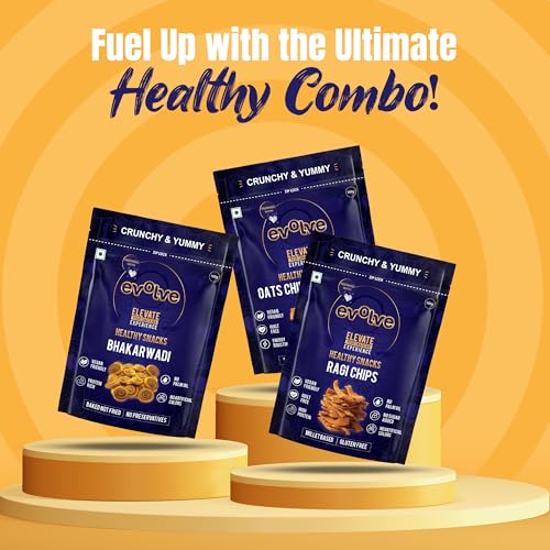 Image of Evolve Combo Healthy Snacks for Kids, Adults | Baked Bhakarwadi, Ragi and Oats Chips | Vacuum Fried, No Artificial Colors & Preservatives - Pack of 3 (100g Each)