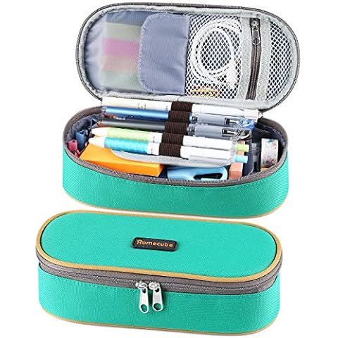 Homecube Pencil Case Oxford Fabric Waterproof Pencil Bag Make-up Pen Pouch Durable Stationery Bag Pen Holder for Man & Women, Grey lining-Green Cover